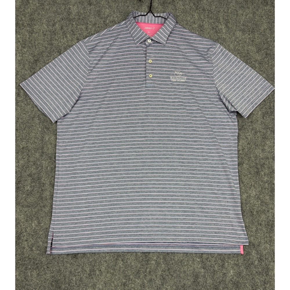 Johnnie-O Mens XL Blue Pink Striped Reynolds Lake Oconee Golf Polo Shirt UPF 50